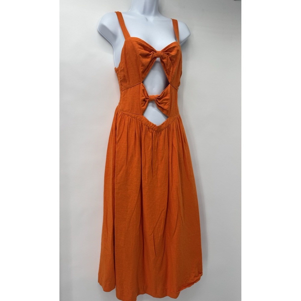 Fe Noel Target Orange Linen Keyhole bow cutout Sundress Smocked beach festival M